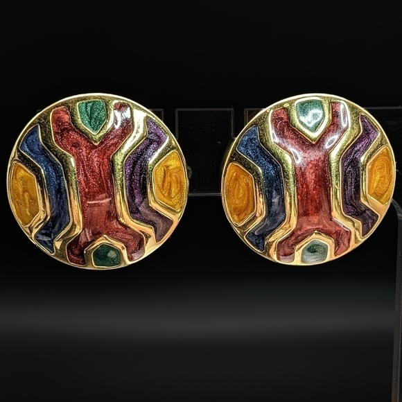 Vintage Lot of 2 Pairs of Goldtoned Enamel Earrings - Picture 2 of 5